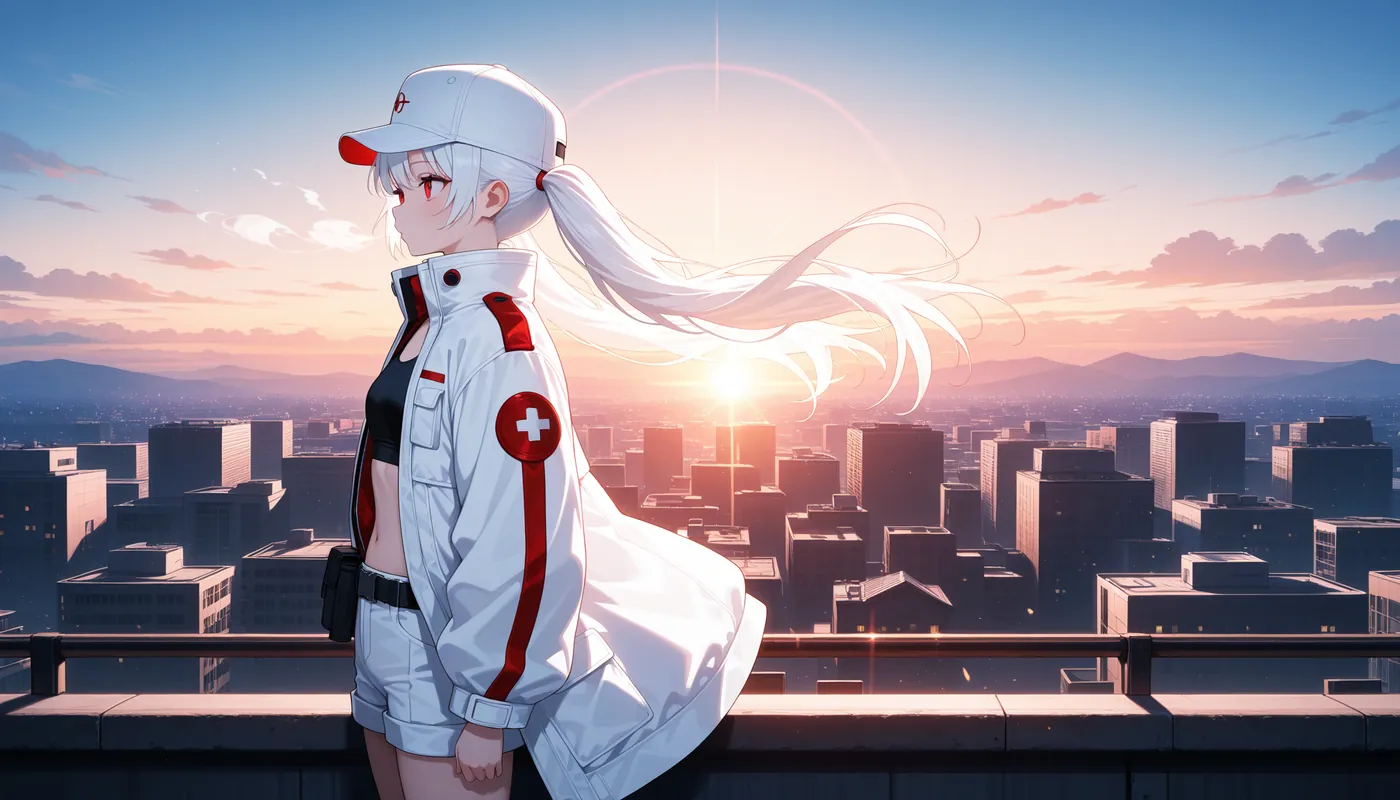 夕日の街を見下ろす、白いジャケットの陽菜