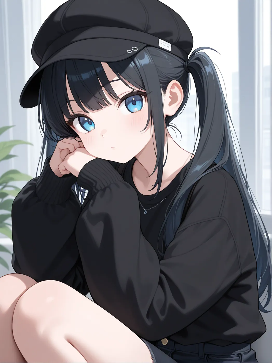 窓辺に座り、頬づえをつく月菜