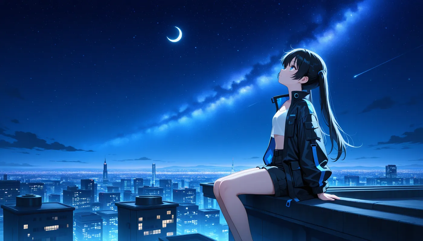 三日月の夜、屋上から空を見上げる月菜