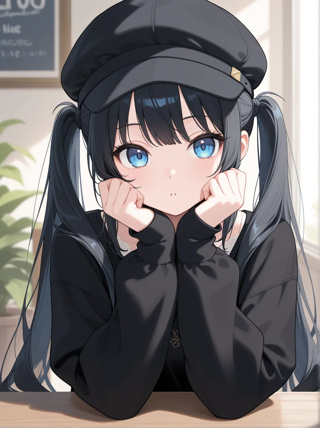 テーブルに両ひじをつく月菜