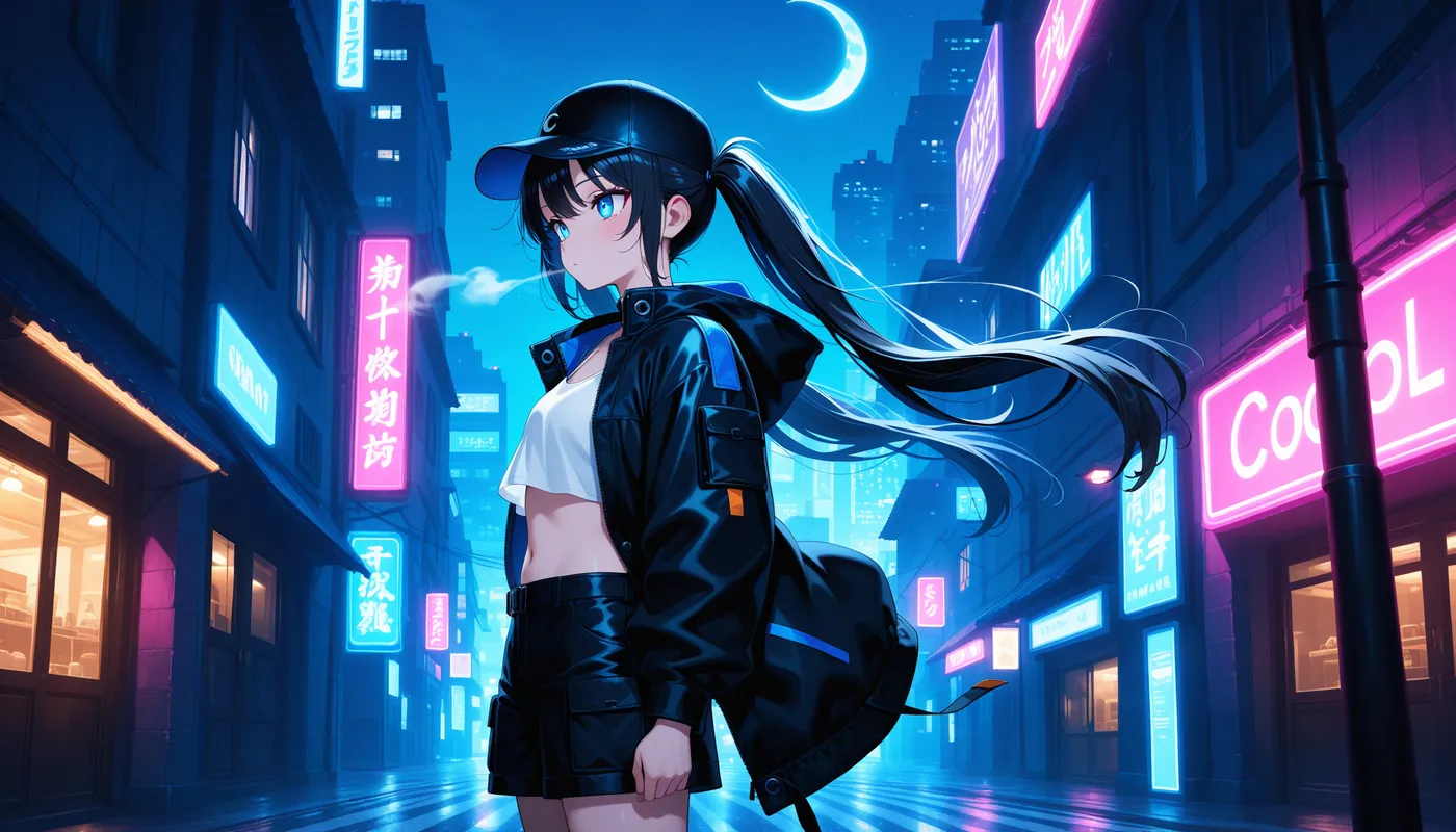 夜の路地に立つ、黒いジャケットの月菜