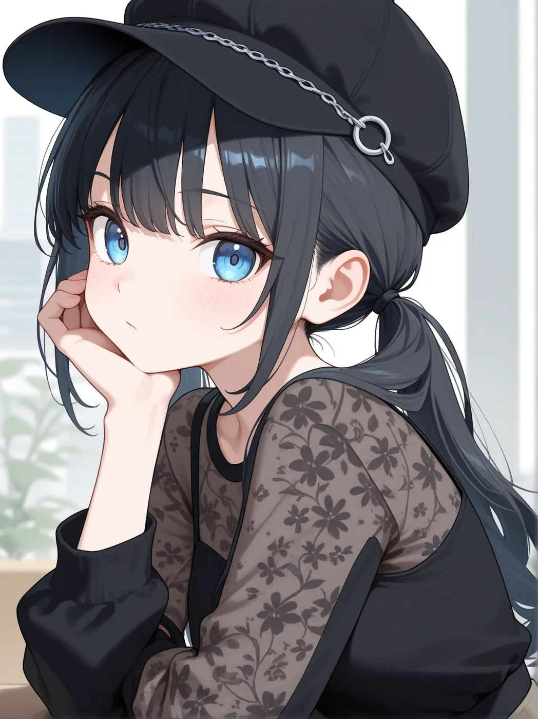 花柄の袖の服で、ほおに手をあてる月菜