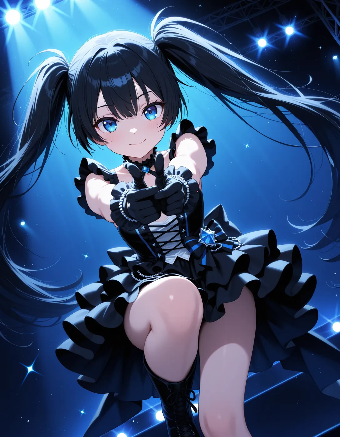 青いステージに立つ、黒い衣装の月菜
